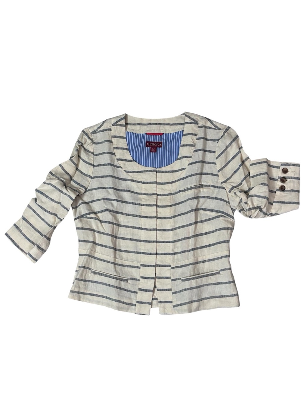 NWT Merona Blue Ivory Striped Linen Cropped Blazer Jacket Sz S Nautical Coastal